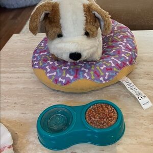 American Girl Dog with bed with Bone Pattern and dog bowl